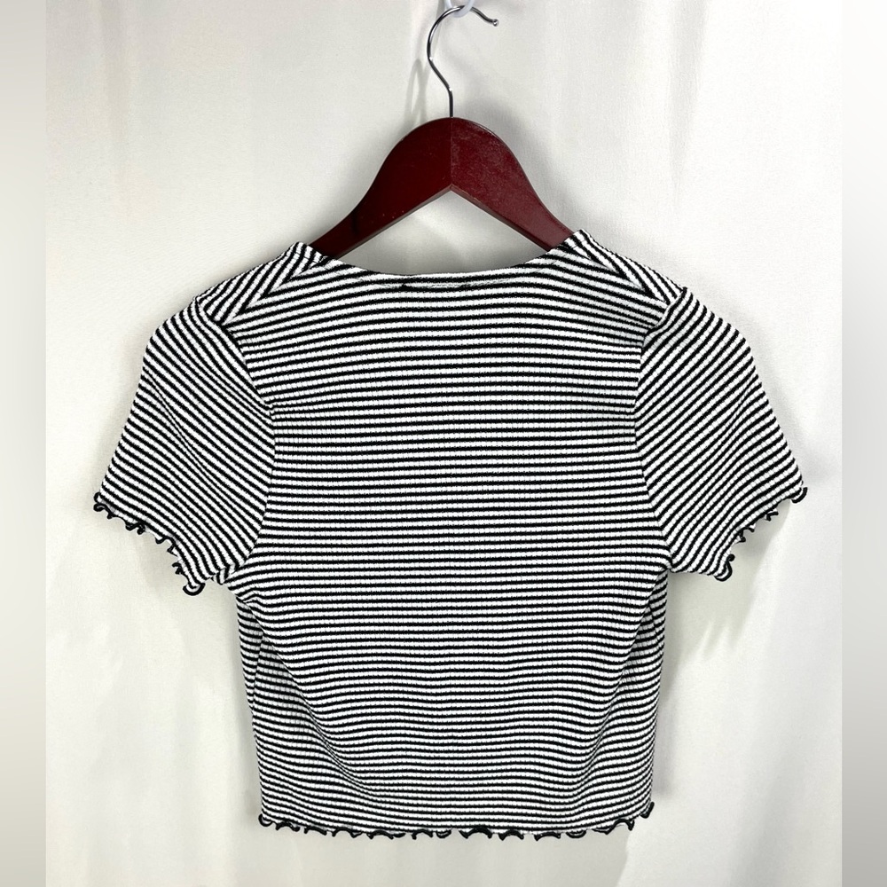 New Look Striped Lettuce Trim Bow Tie Short Sleeve Top Size 6 - Picture 3 of 6
